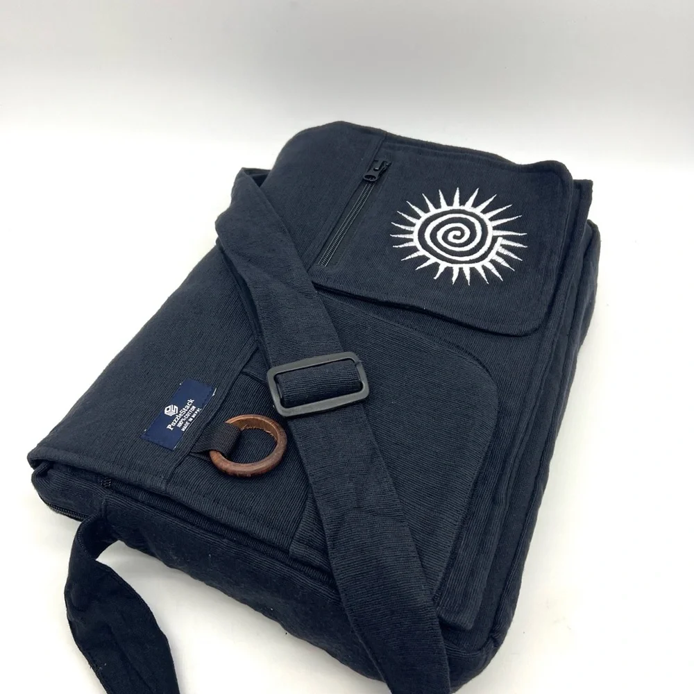 Black Cotton Laptop Messenger Bag with Swirl Embroidery